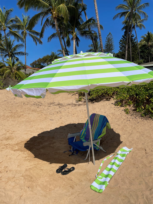Deluxe 8 ft Lime Green and White Stripe Patio & Beach Umbrella with Travel Bag